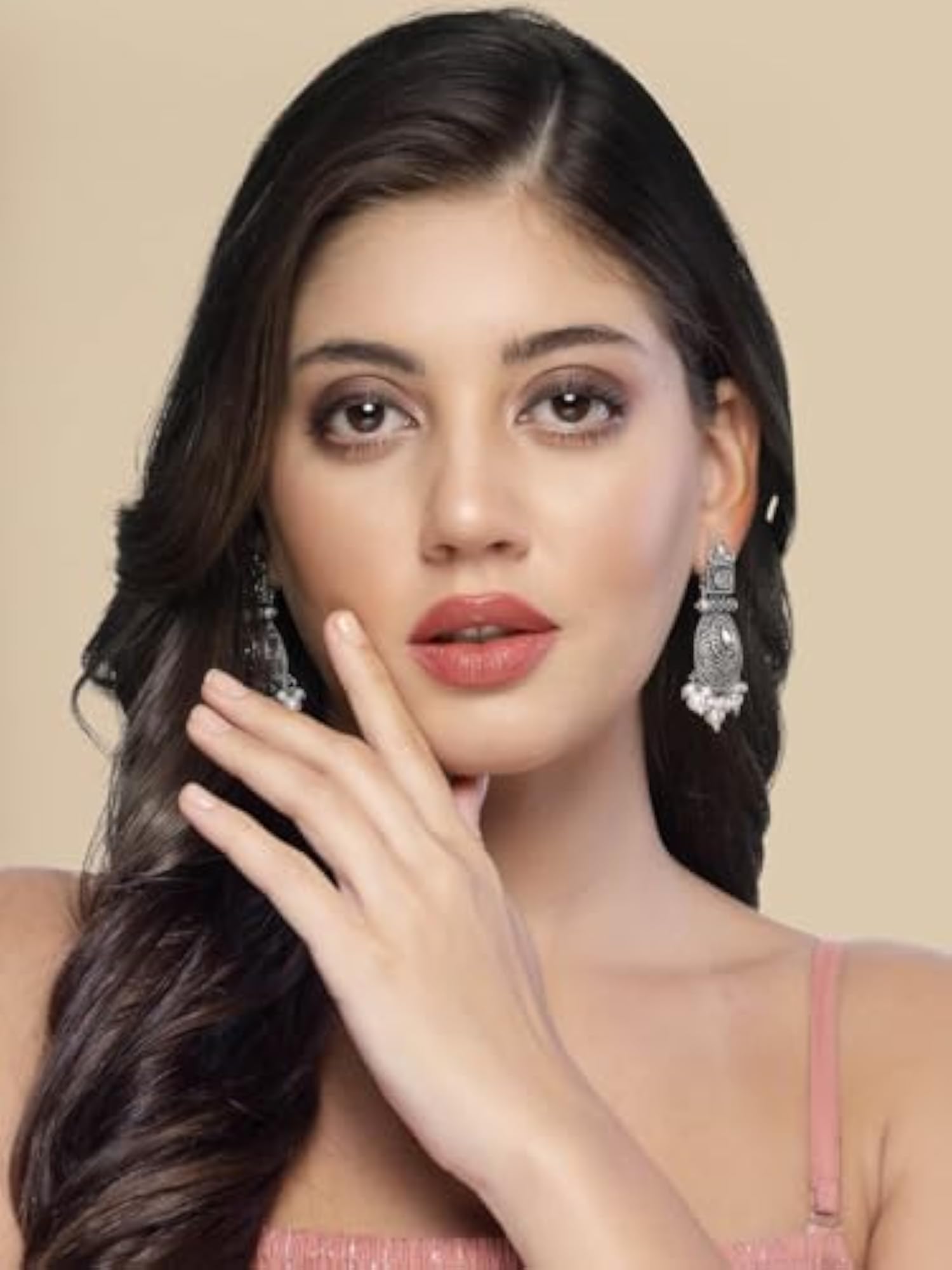 Silver-Plated Kundan Stone & Pearl Oxidised Drop Earrings